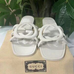 Gucci White Interlocking G Leather Slide Sandals